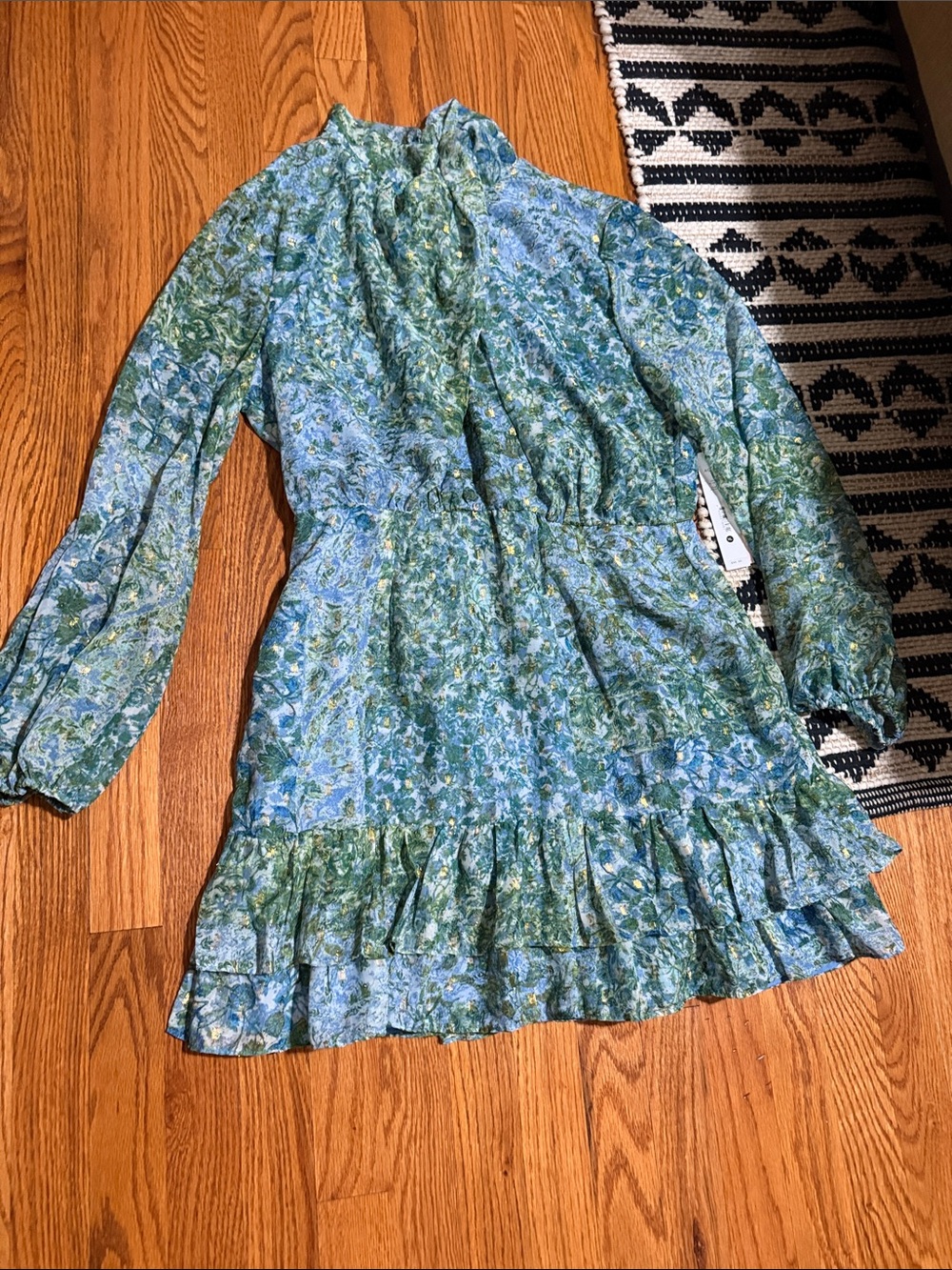 Women’s new with tags Floral Ruffle Dress in Blue-Green